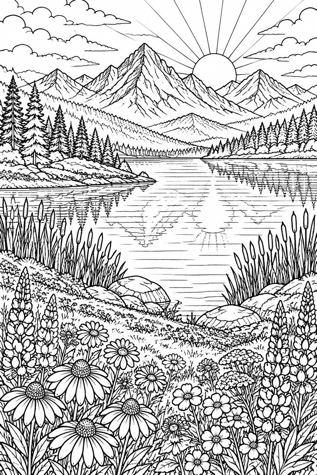 Line art of mountain lake with wildflowers, pines, sun rays, and clouds.