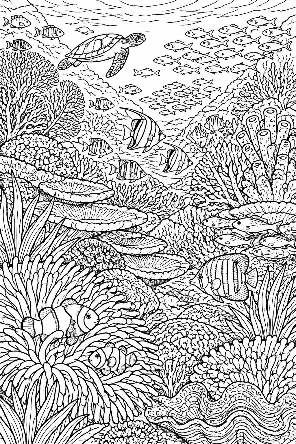 Black and white line drawing of an underwater coral reef scene with a sea turtle, many fish, coral formations, and sea anemones.