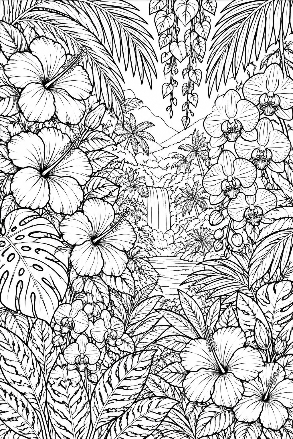 A black and white line drawing of a tropical jungle scene with hibiscus flowers, orchids, palm leaves, a waterfall, and a river.