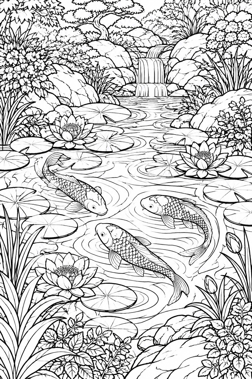 Black and white line art of koi fish swimming in a lotus pond with waterfall.