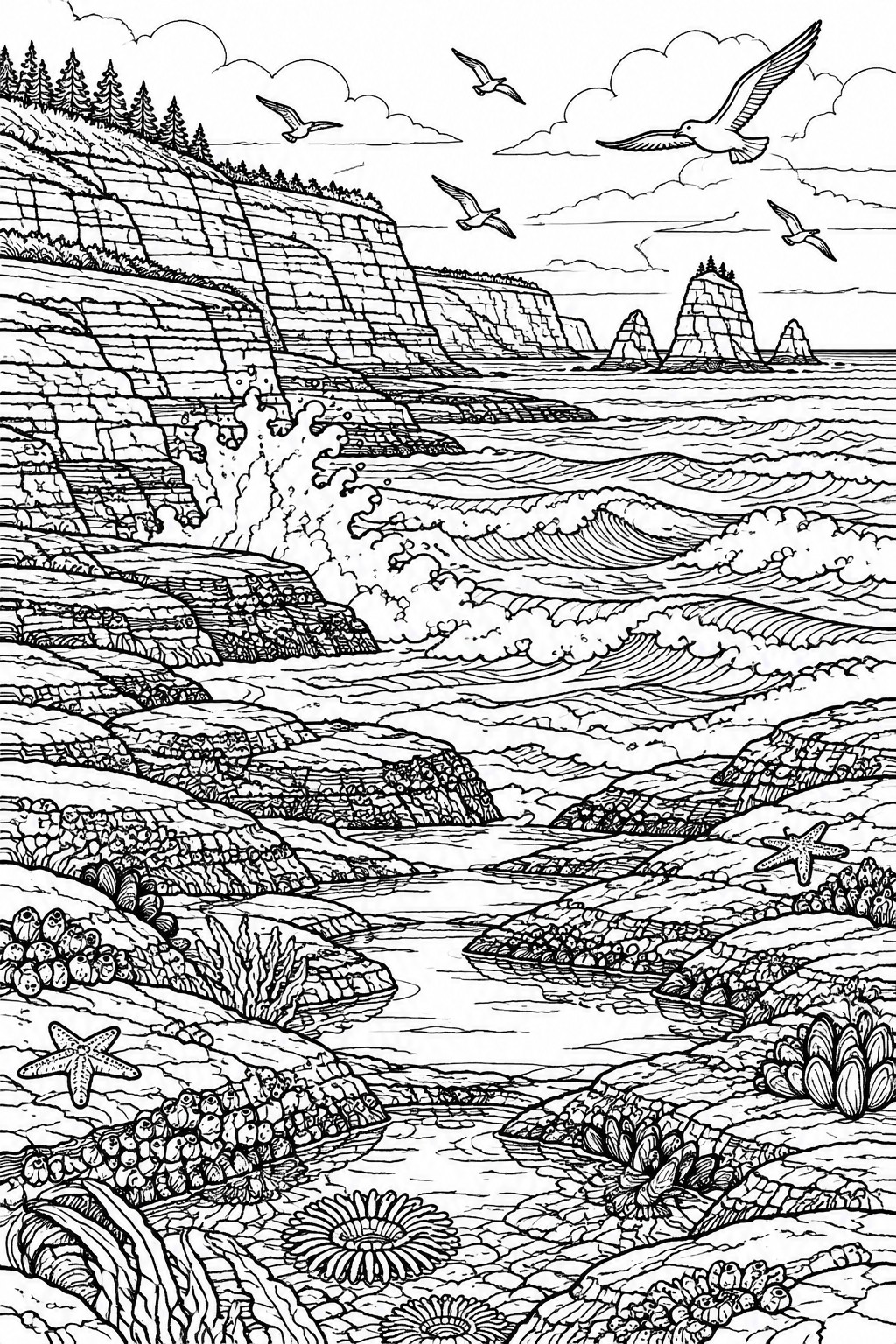 A black and white line drawing of a coastal cliff scene with waves, birds, rocks, and starfish.