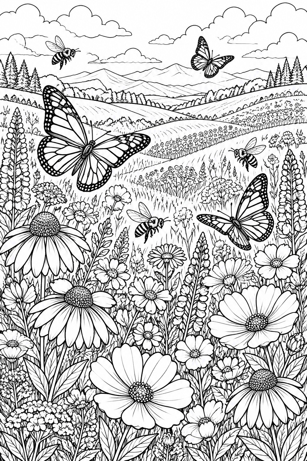 A black and white coloring page of a meadow filled with flowers, butterflies, and bees, with hills and mountains in the background.