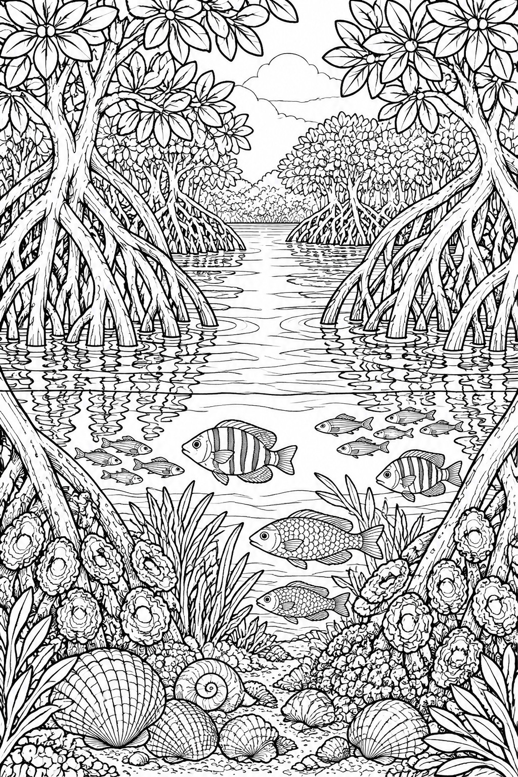 Black-and-white line art of mangrove trees, swimming fish, shells and underwater plants