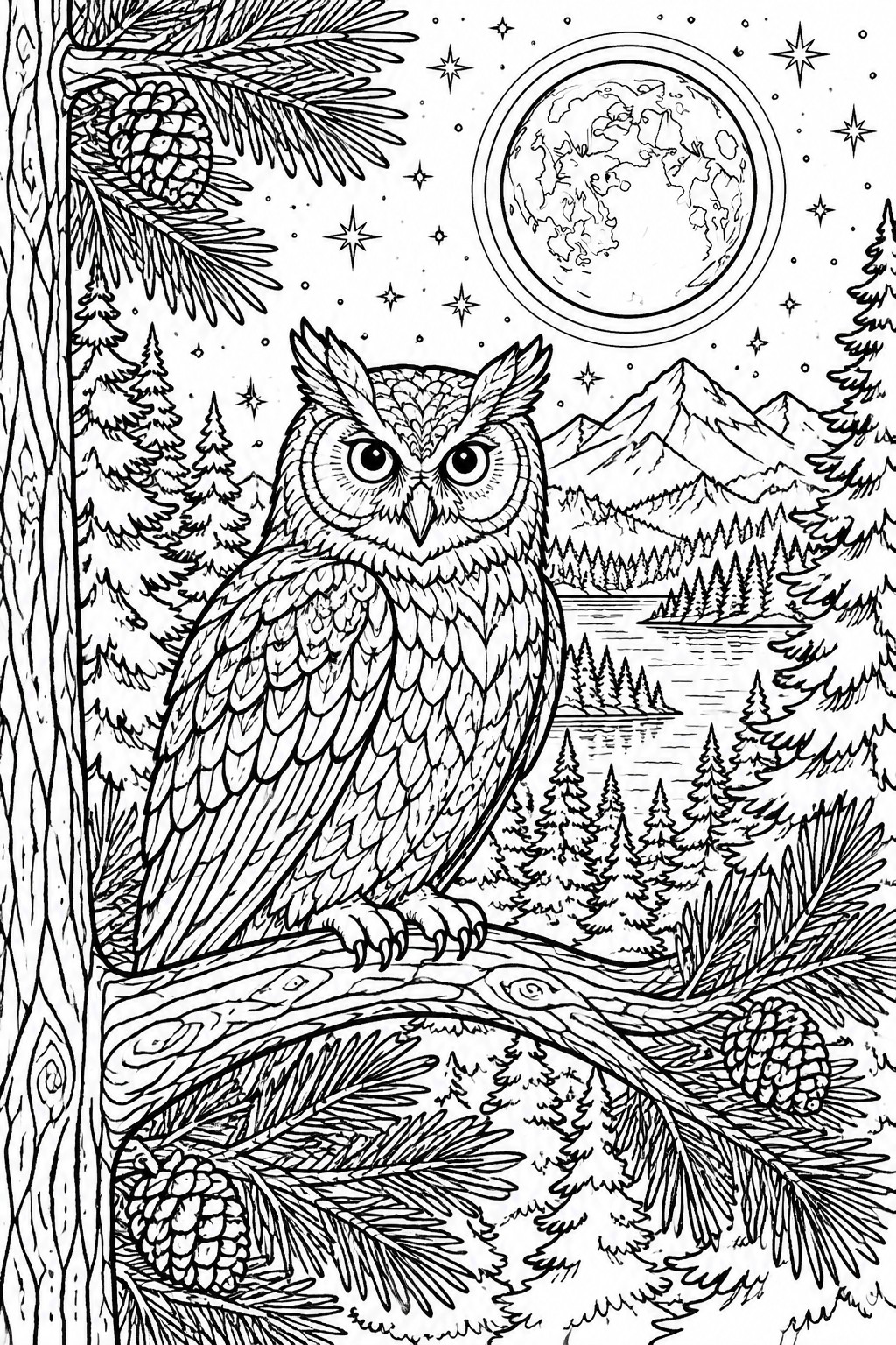 Owl perched on pine branch under starry sky with Earth moon and mountains