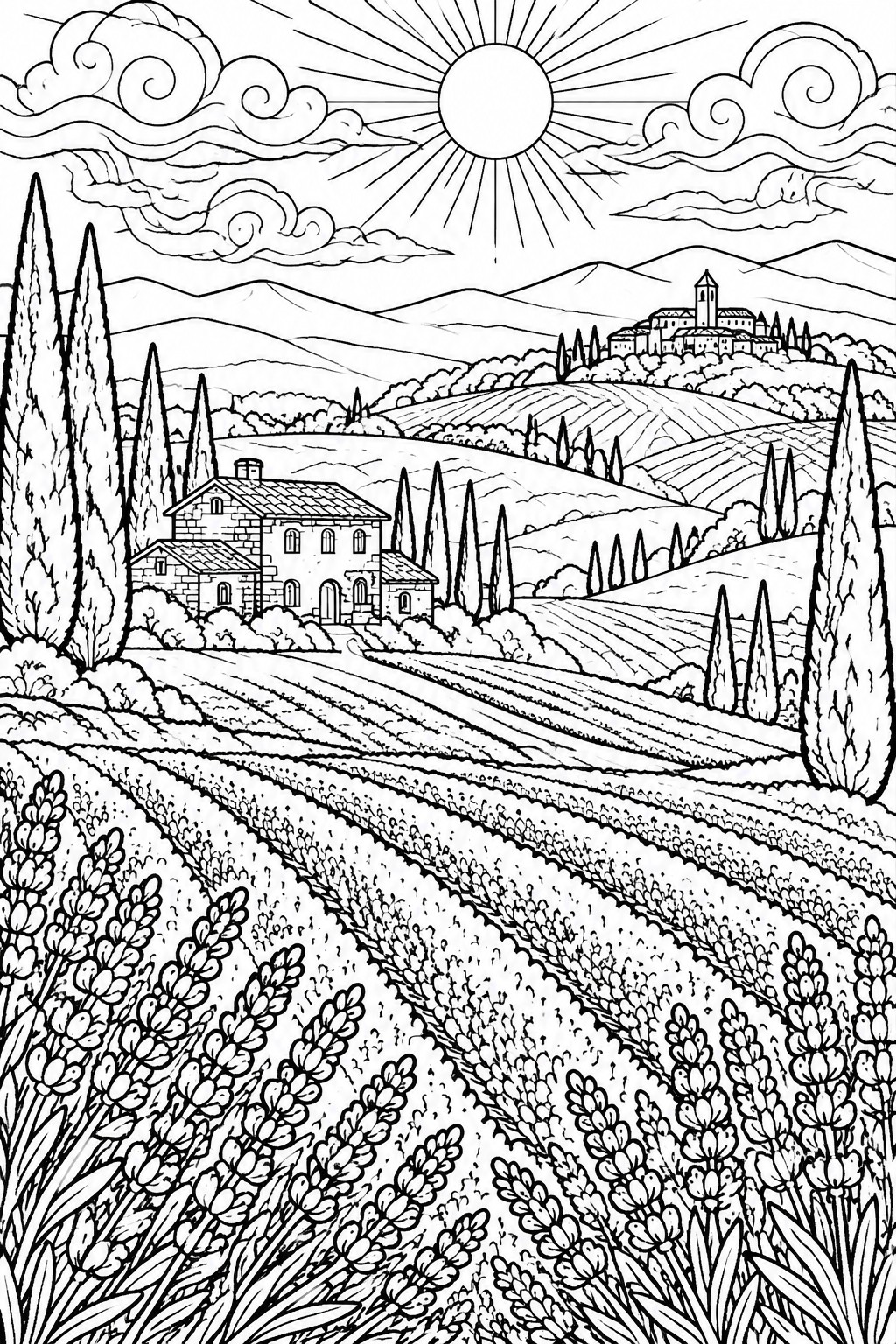 Black and white line drawing of a Tuscan landscape with rolling hills, a stone house, cypress trees, lavender in the foreground, and a village on a distant hill.