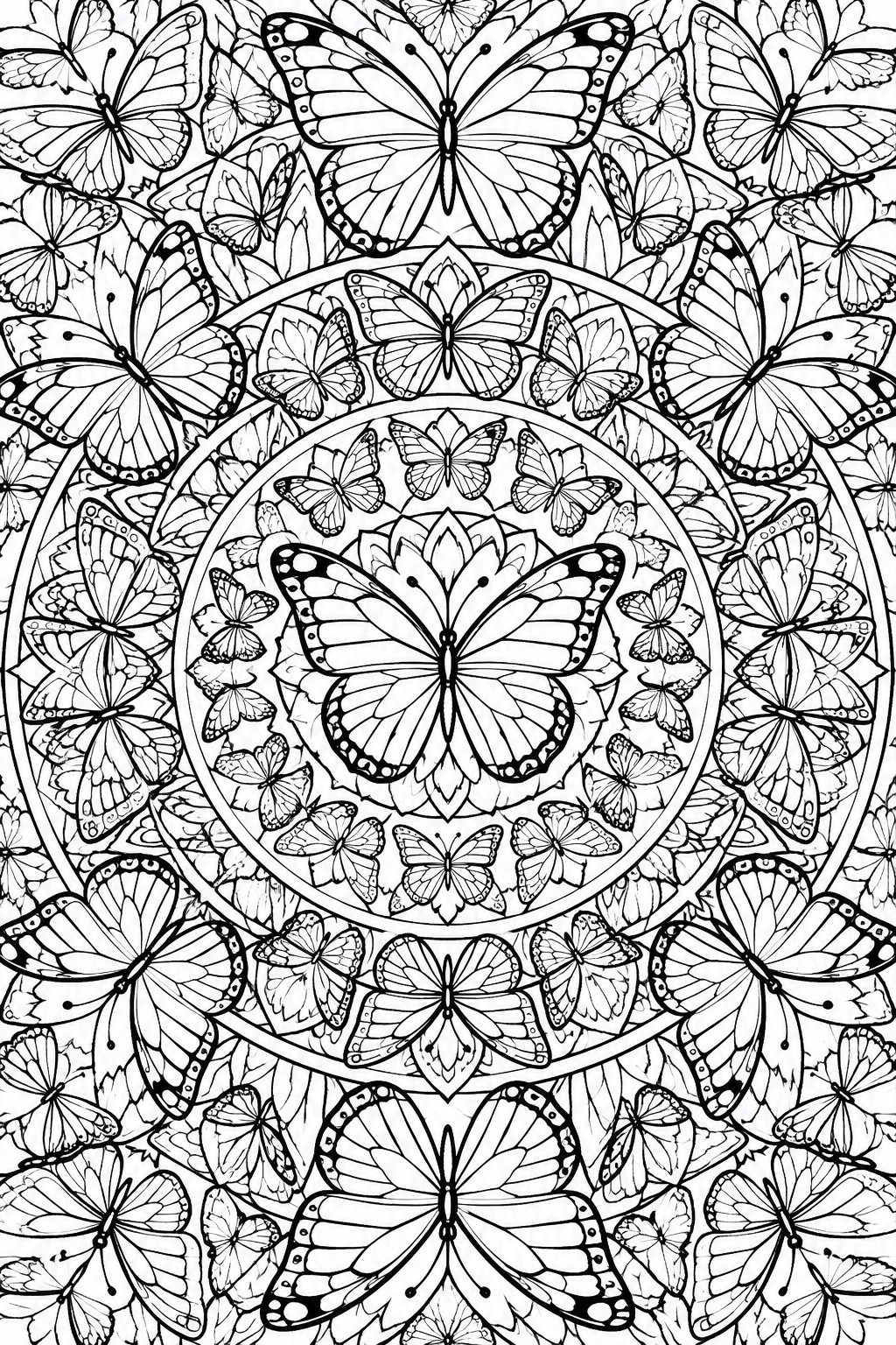 Black and white butterfly mandala with concentric circles of detailed butterflies.