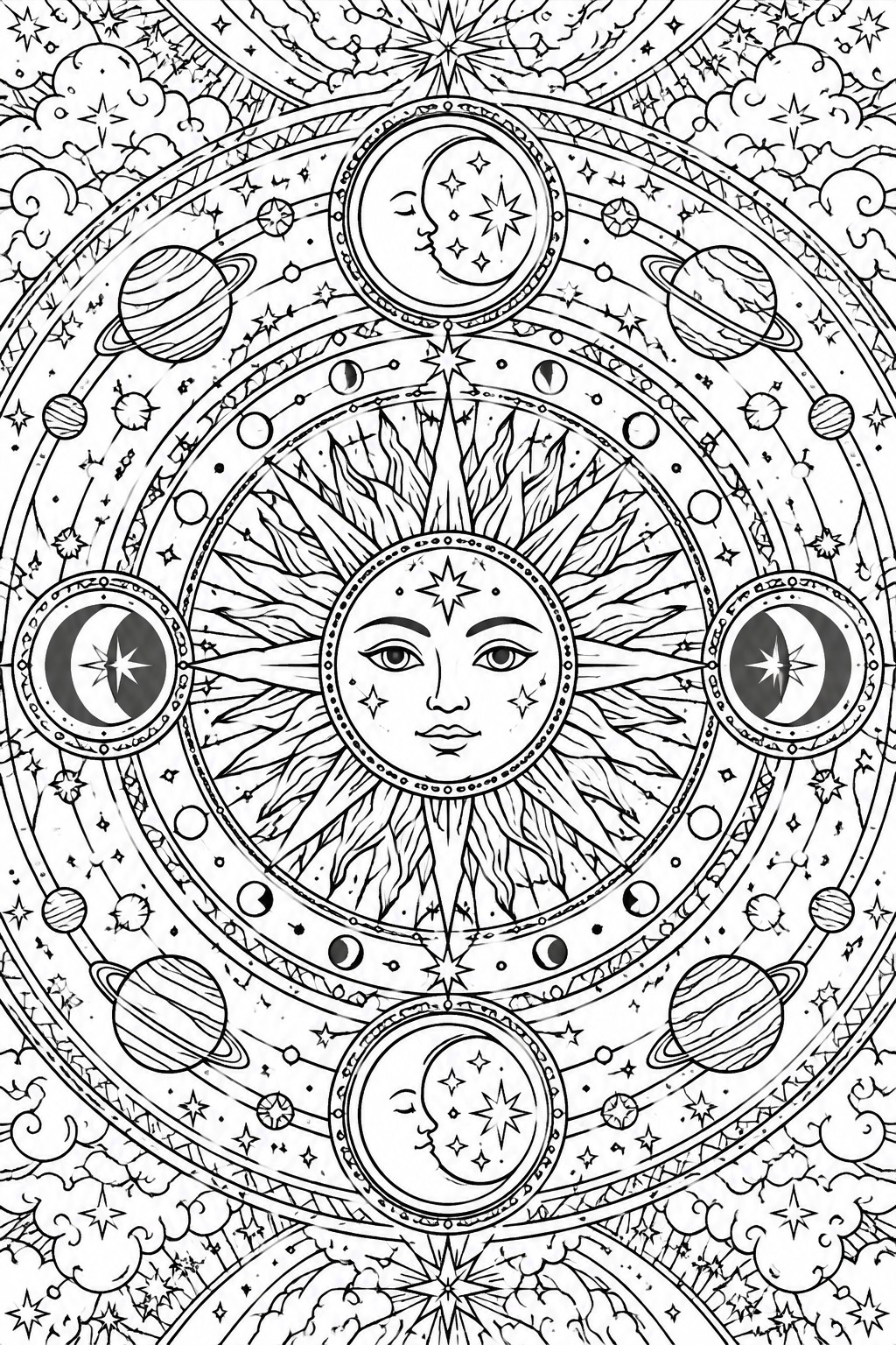 Intricate black-and-white mandala with central sun face, moons, planets, and stars.