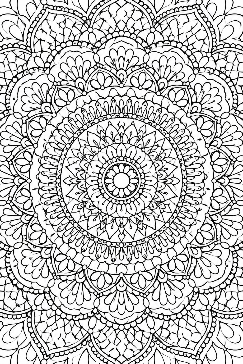 Intricate black-and-white mandala with layered floral petals and geometric patterns.