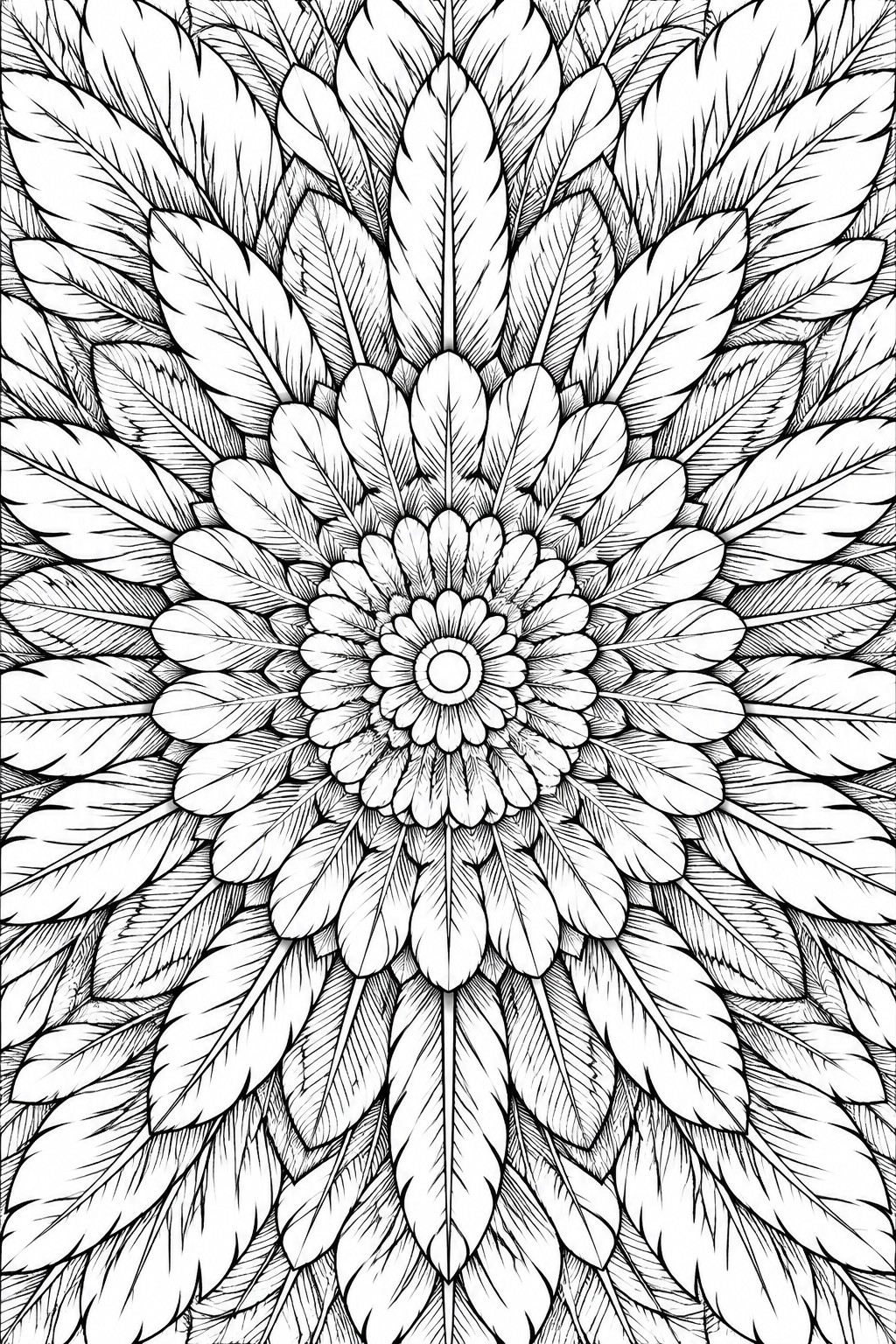 Intricate black-and-white mandala of layered feathers radiating from a central flower.