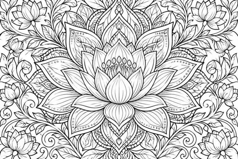 19 Beautiful Mandala Coloring Pages for Adults With Intricate Radial Patterns Intricate black and white lotus mandala with layered petals, leaves, and swirling vines