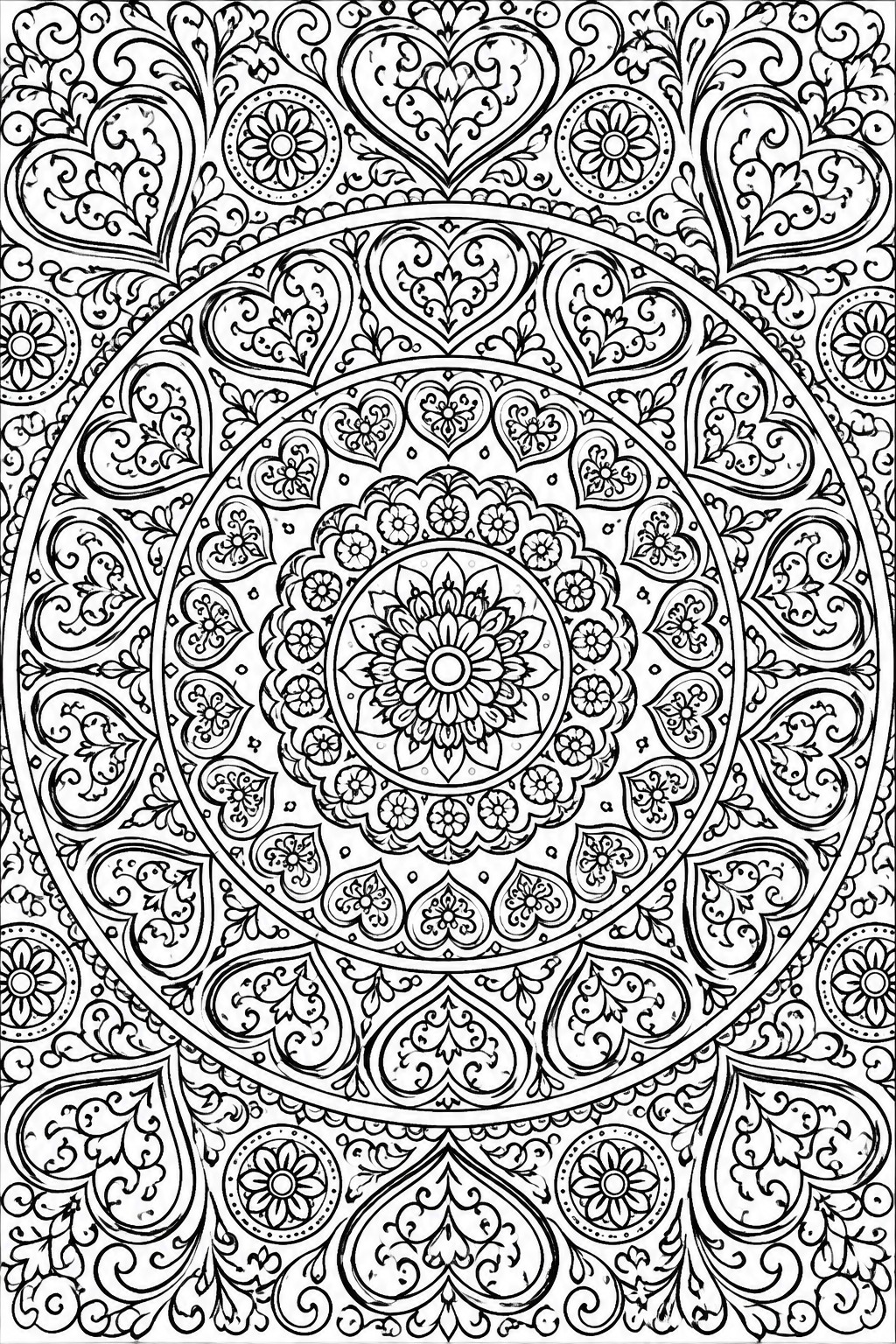 Intricate black-and-white mandala with hearts, flowers, and swirling paisley patterns.