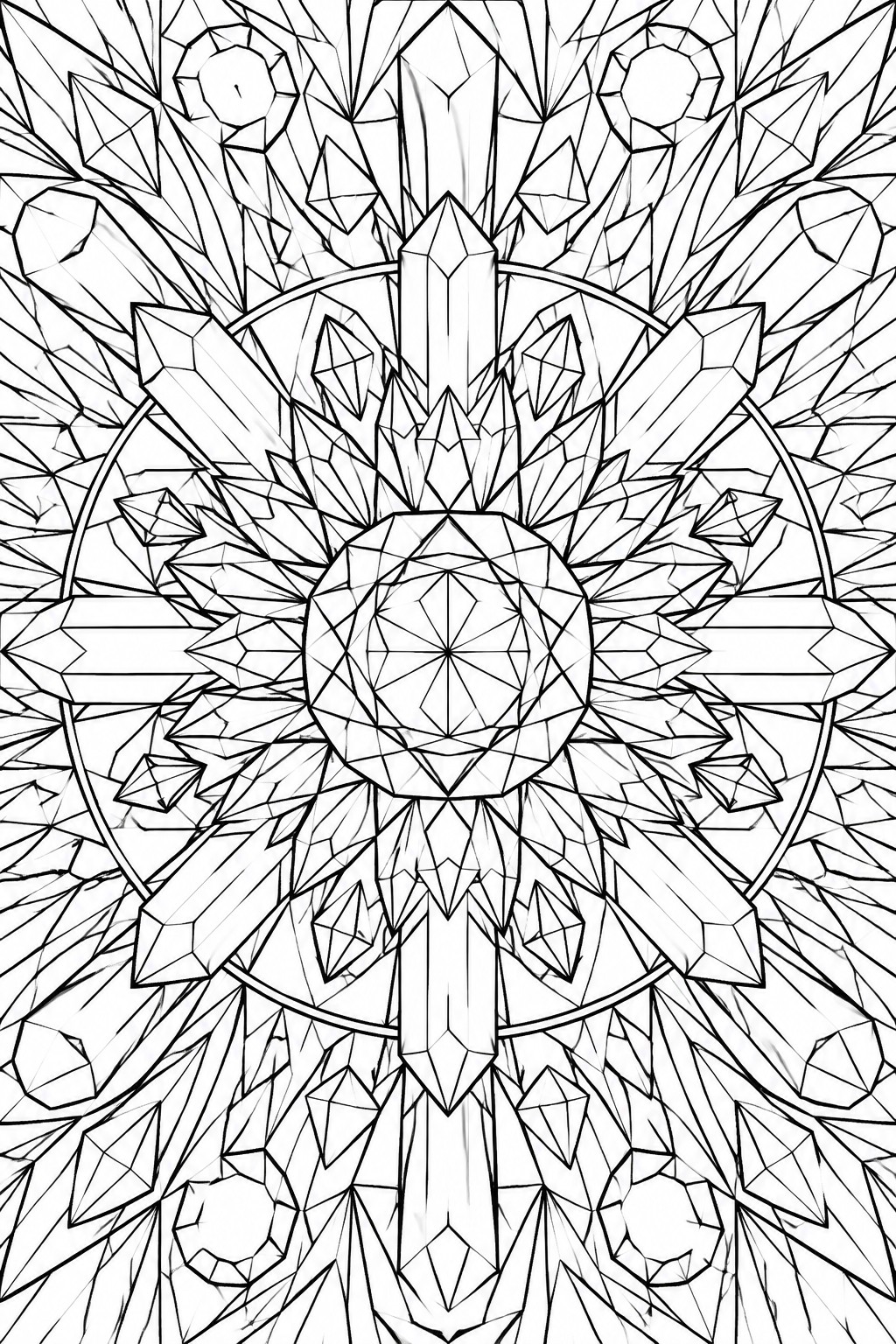 A black and white mandala coloring page with a central faceted gemstone and radiating crystal shapes in a radial pattern.
