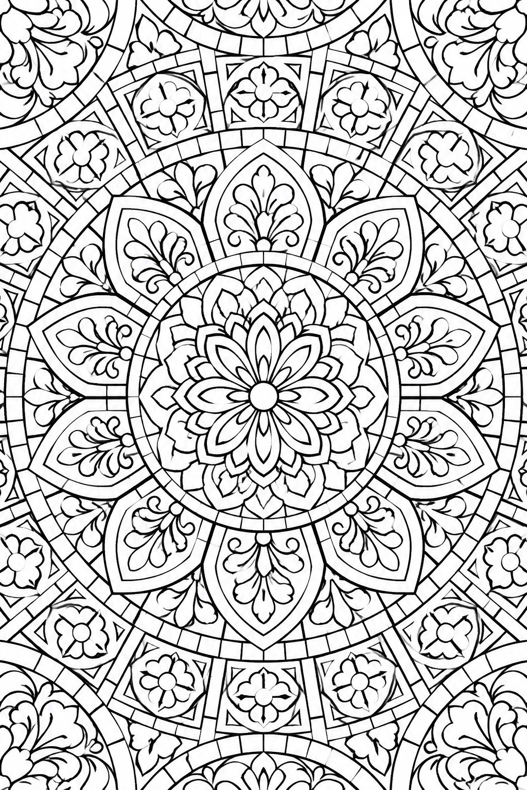 Intricate black-and-white mandala with layered floral patterns and geometric motifs.