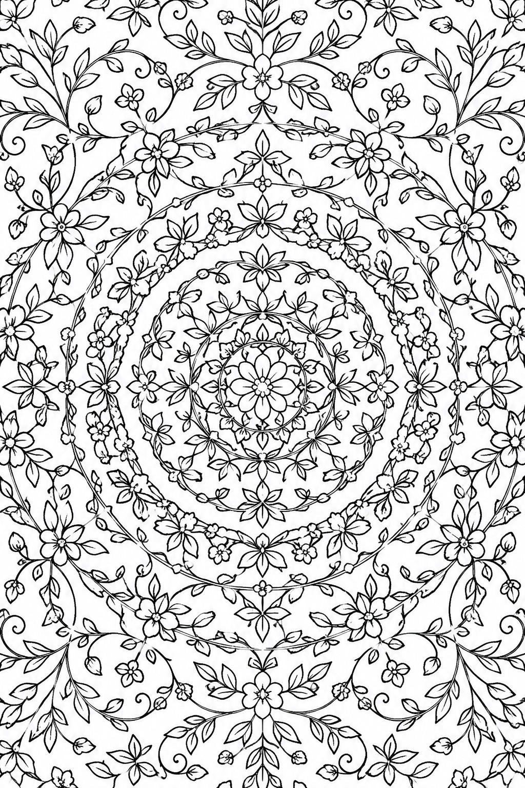 Intricate black-and-white mandala of concentric floral vines and blossoms