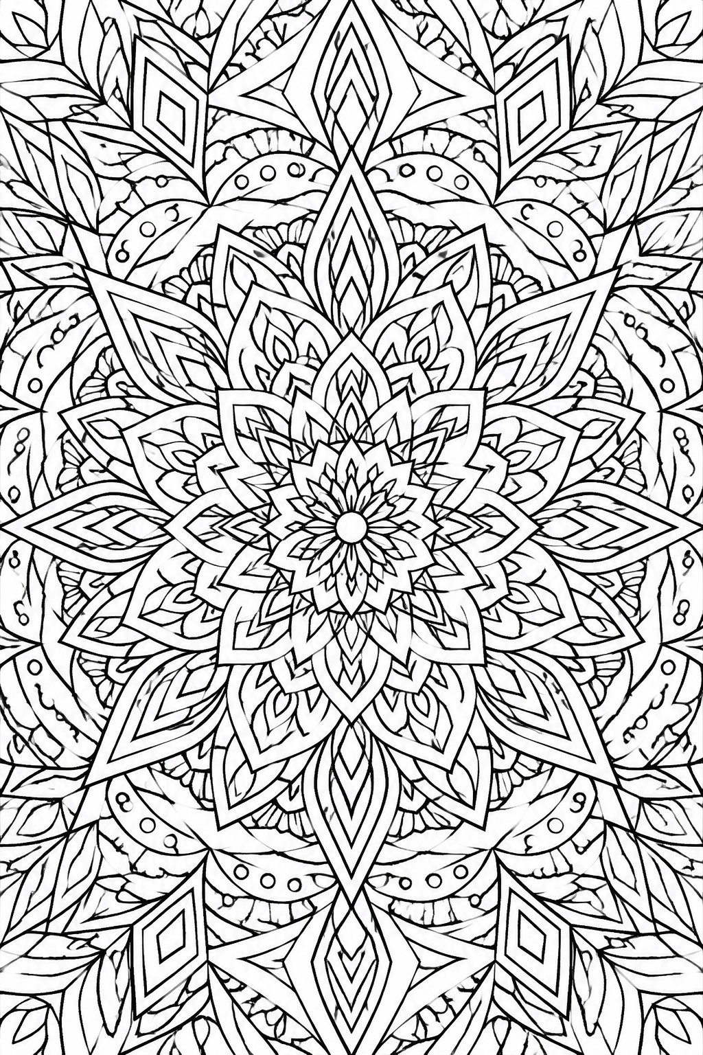 Detailed black-and-white mandala with floral petals, leaves, and geometric patterns.