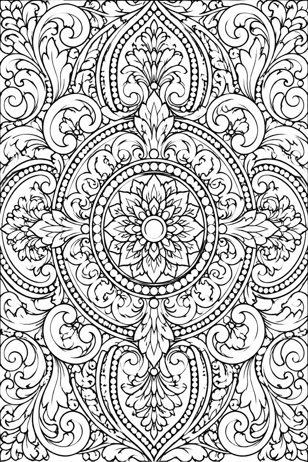 Intricate black and white mandala with central lotus, floral swirls and paisley motifs
