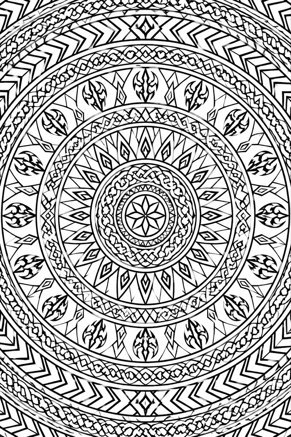 A black and white mandala coloring page with multiple concentric circles of geometric patterns, leaf shapes, and a central flower.