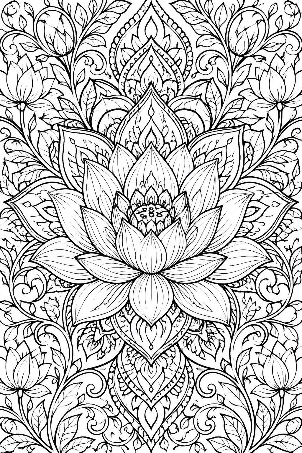 Intricate black and white lotus mandala with layered petals, leaves, and swirling vines