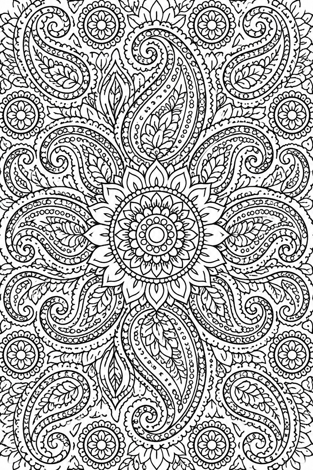 A black and white line drawing of an intricate mandala featuring paisley shapes, floral centers, leaves, and swirls arranged in radial symmetry.