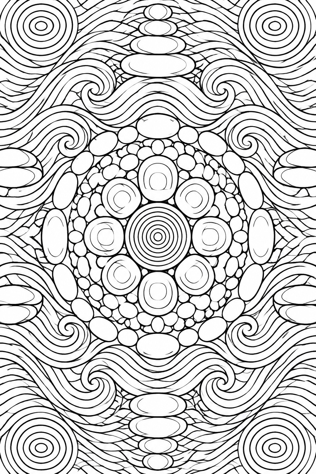 A black and white mandala coloring page featuring a central cluster of concentric circles and oval shapes surrounded by swirling wave patterns and corner spirals.