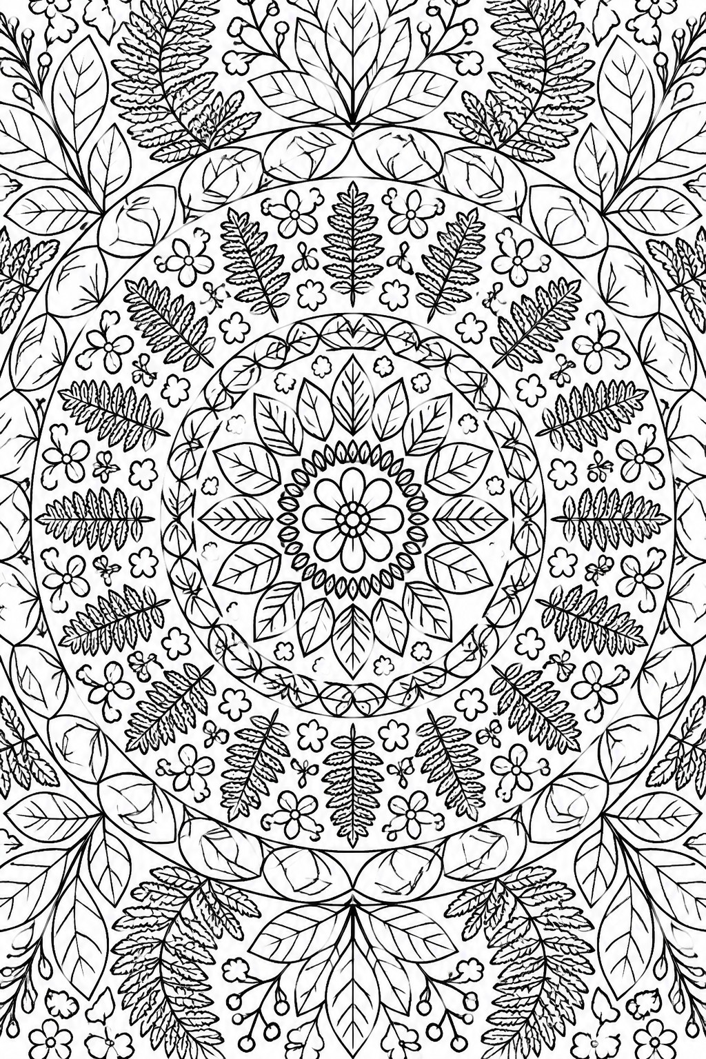 Black and white mandala coloring page with concentric rings of leaves, ferns, and flowers around a central bloom.