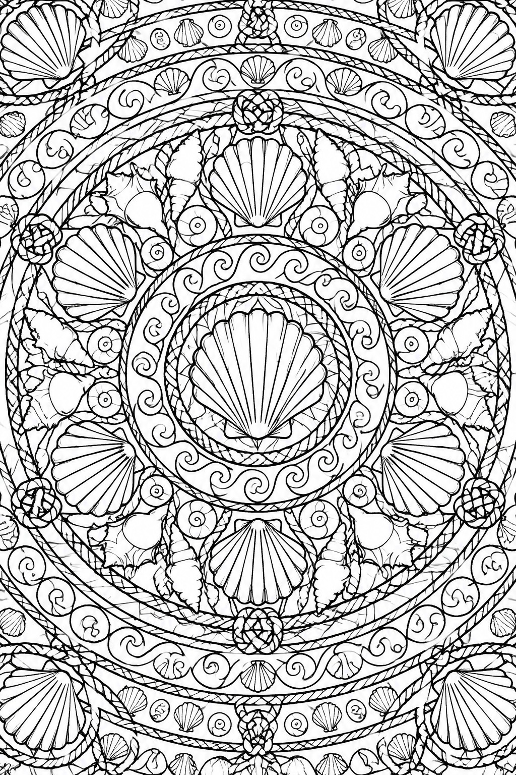 A black and white mandala coloring page filled with various seashells, conch shells, and rope patterns arranged in concentric circles.