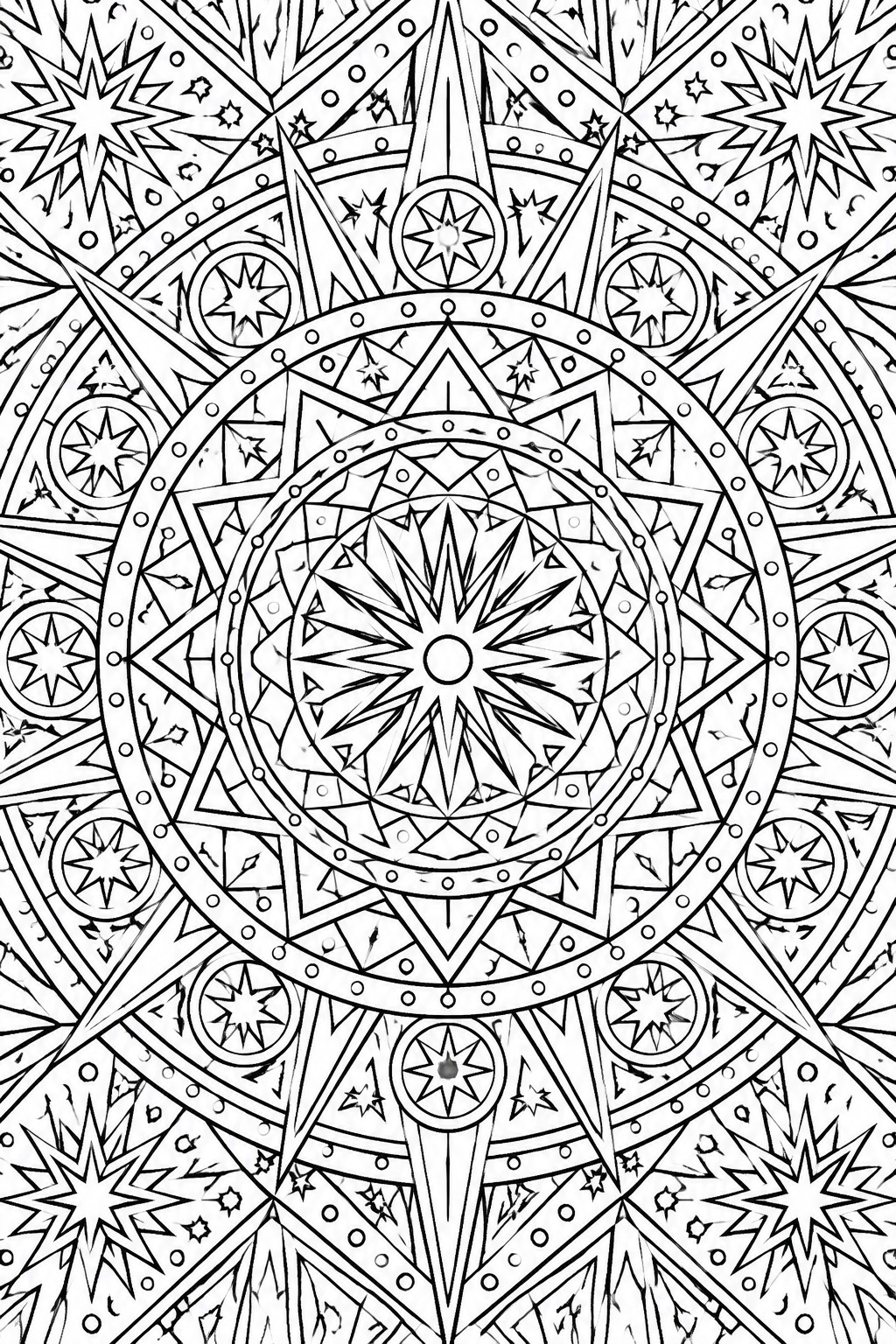 A black and white mandala coloring page with a central multi-pointed star, concentric circles, smaller stars in rings, and radiating geometric patterns.