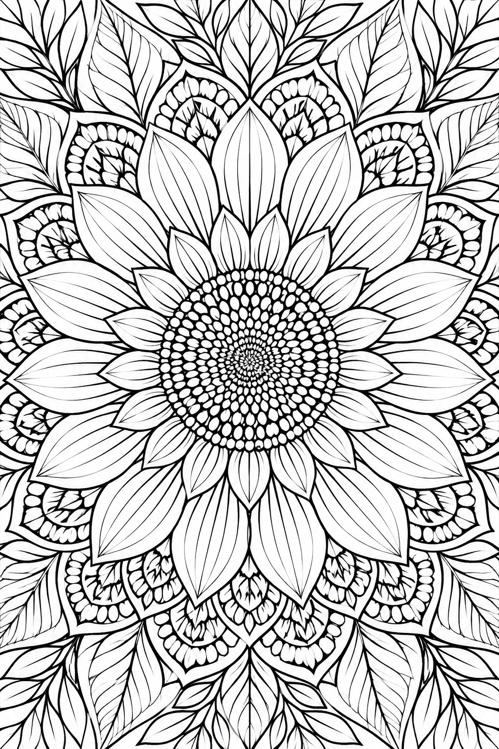 Black and white mandala with central sunflower and intricate leafy patterns.