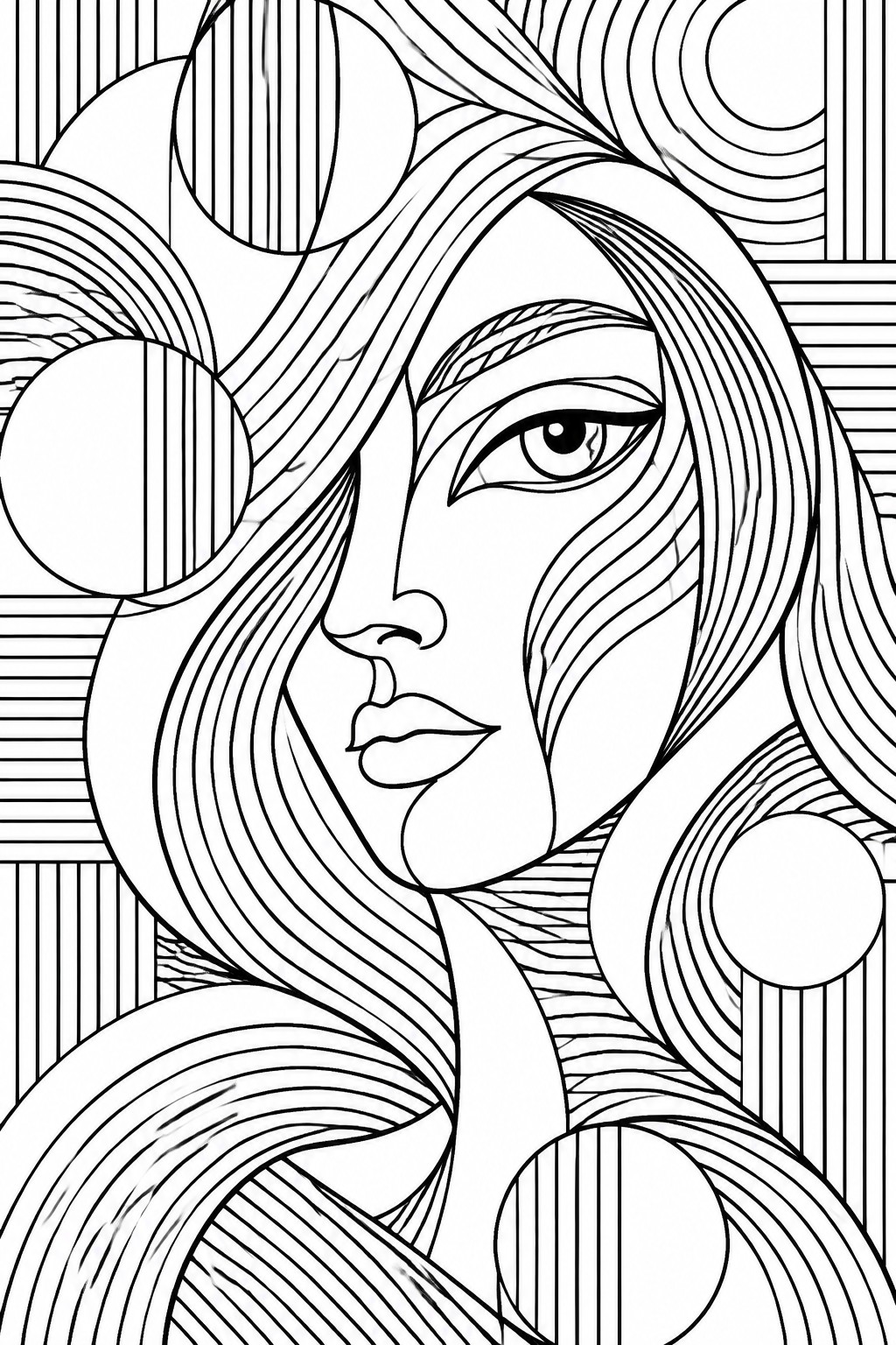 Stylized black and white line art of a woman's face with swirling geometric patterns