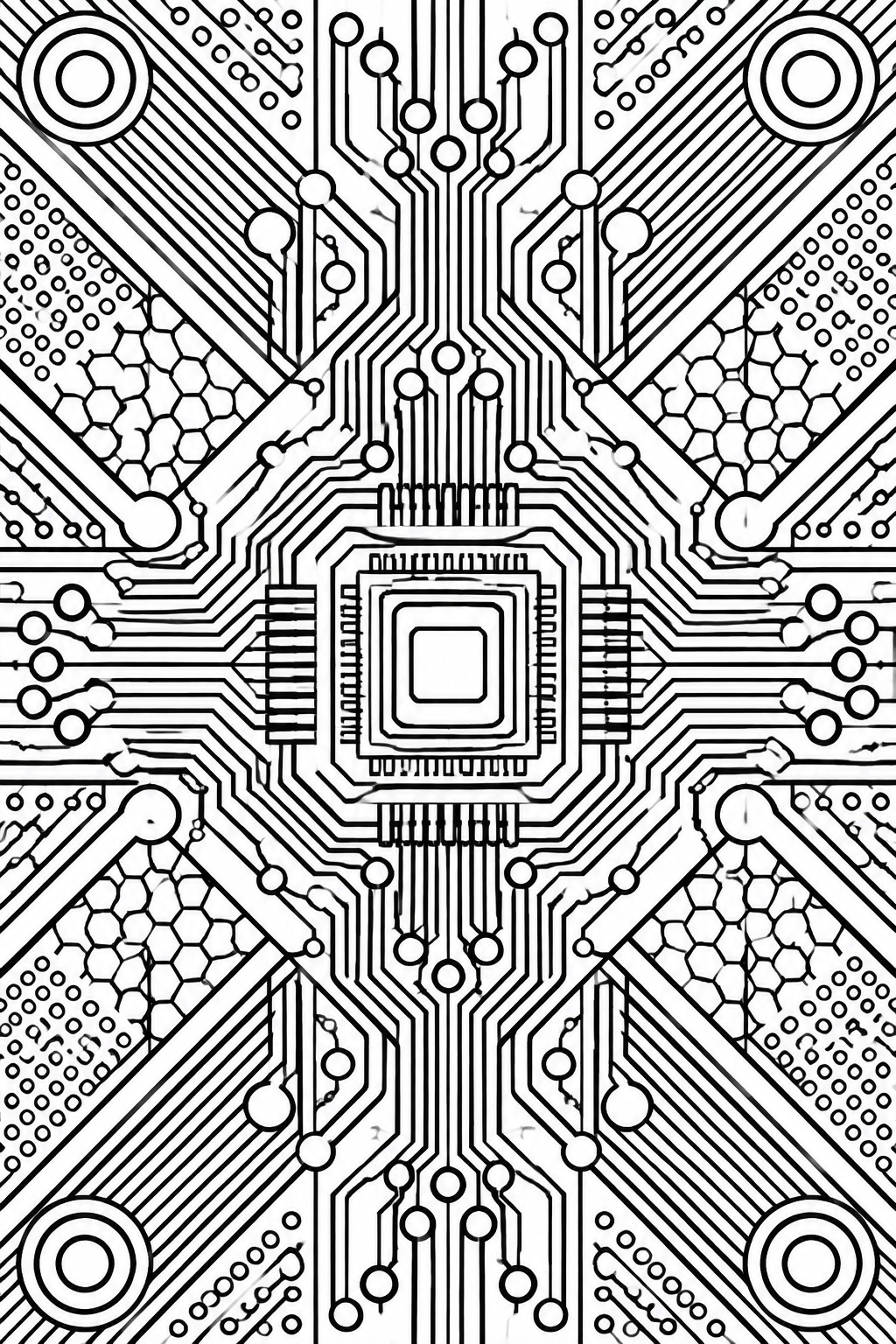 Black and white line art of a central microchip with radiating circuit traces, circular pads, and honeycomb patterns filling the corners.