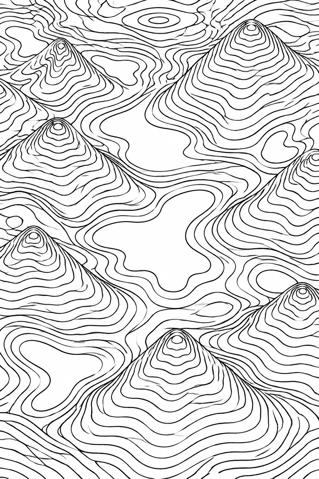 Black and white abstract contour line drawing of stylized mountain peaks