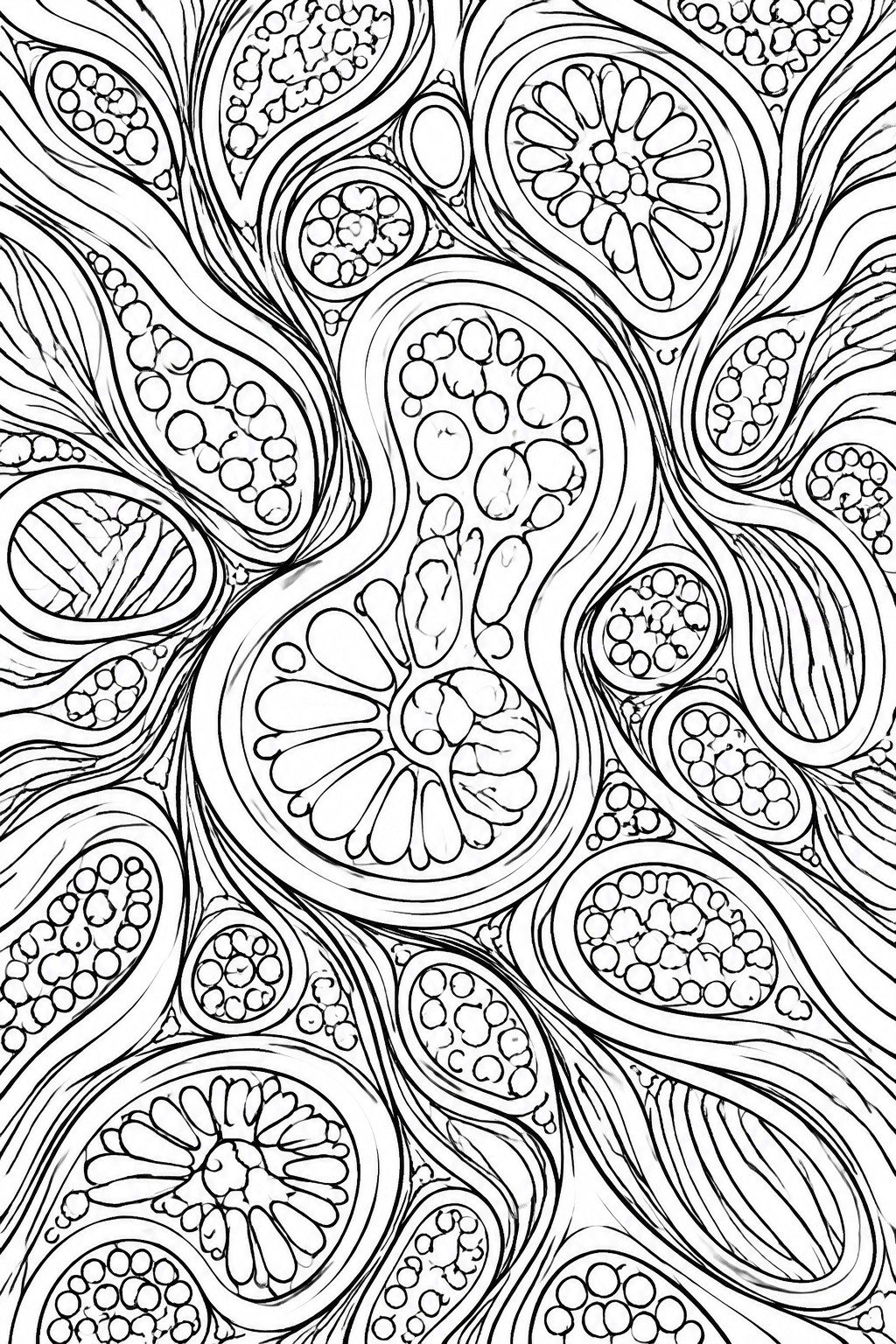 An intricate black and white abstract coloring page with swirling lines, flower-like circles, and clusters of bubble shapes.