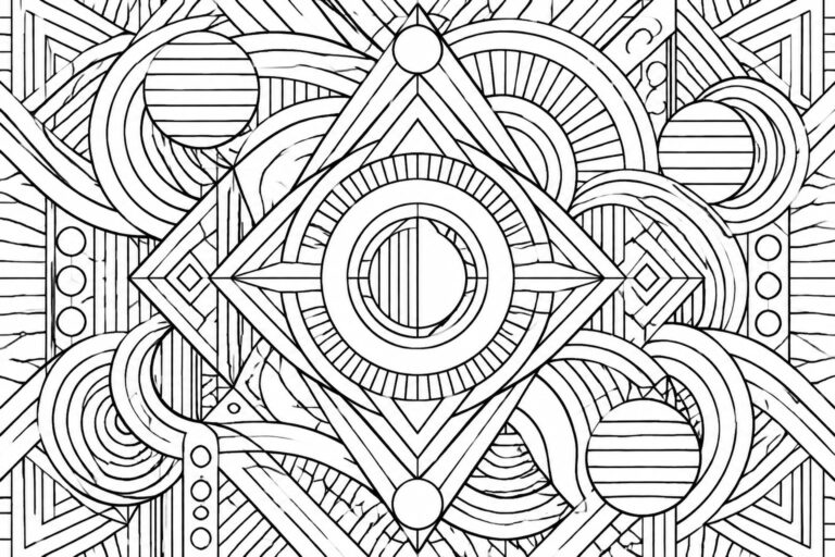 Intricate black and white geometric mandala with overlapping circles, stars, and knots.