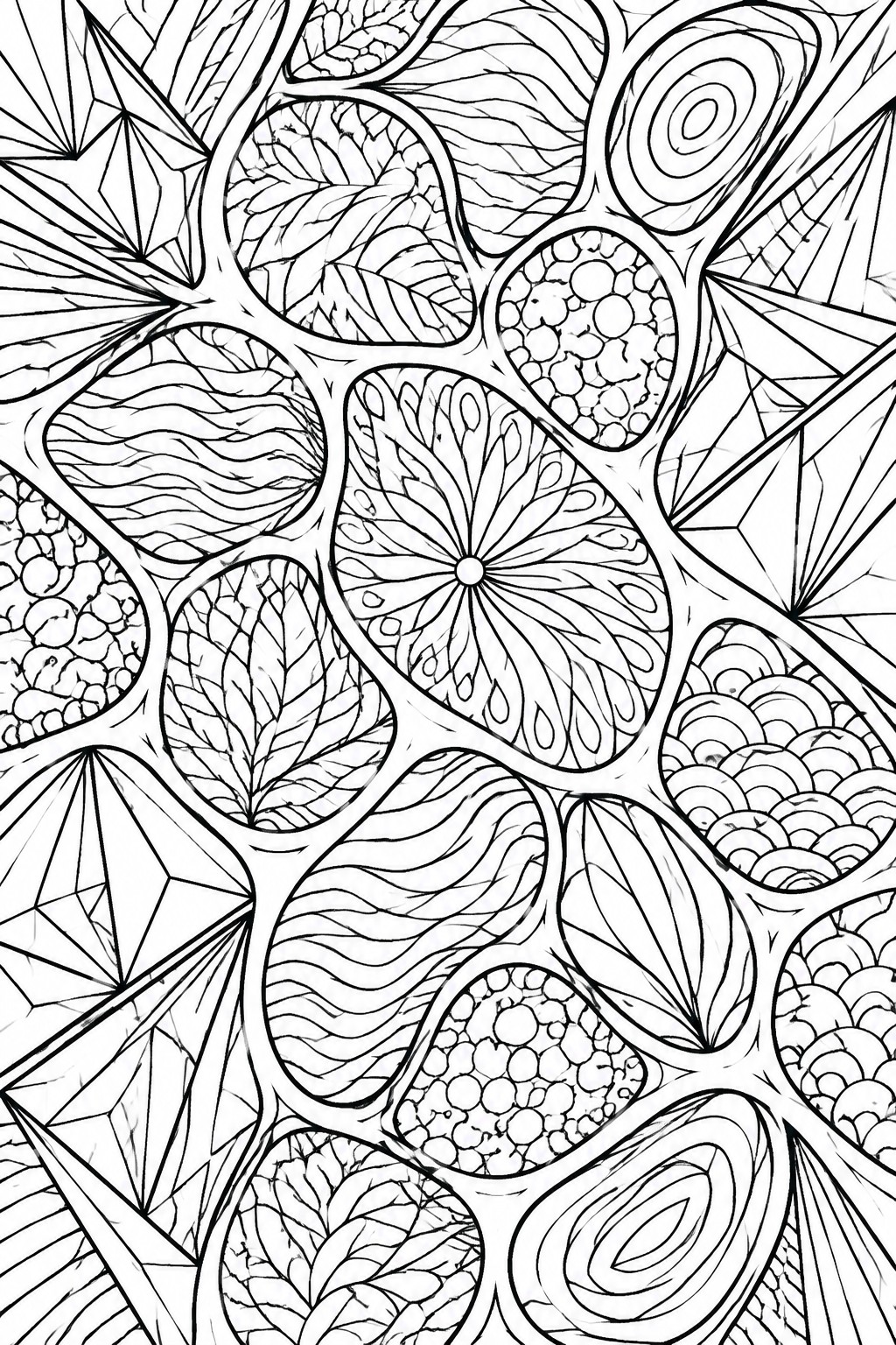 A black and white abstract coloring page with interconnected organic shapes containing varied patterns like waves, leaves, bubbles, and geometric lines.
