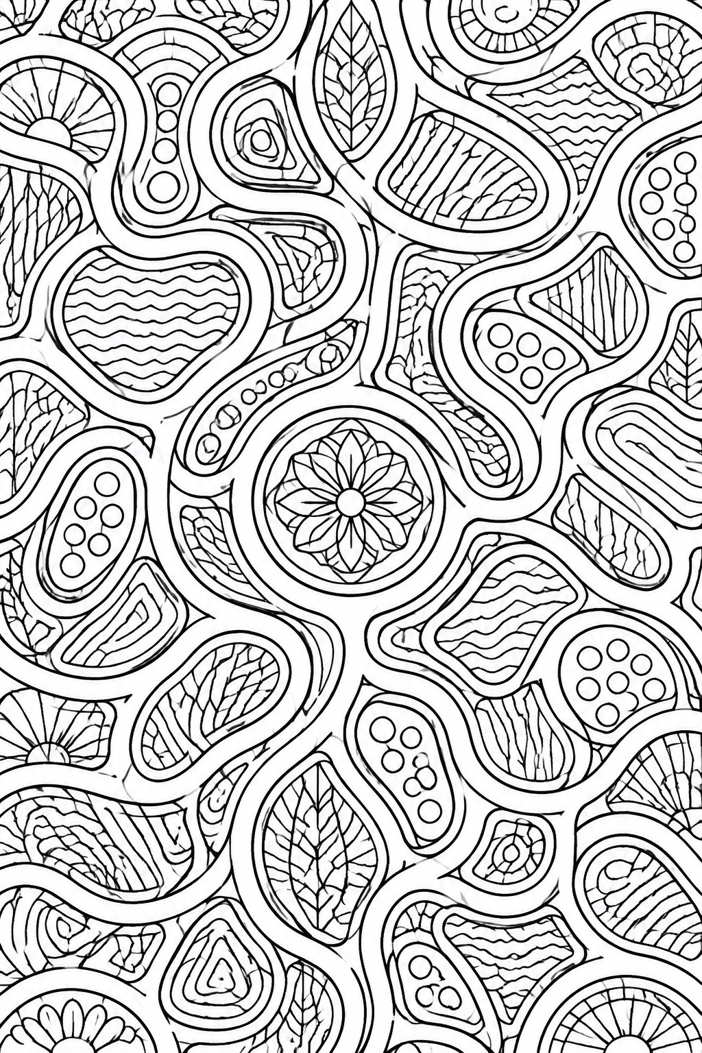 Intricate black and white abstract pattern with paisleys, leaves, and floral motifs