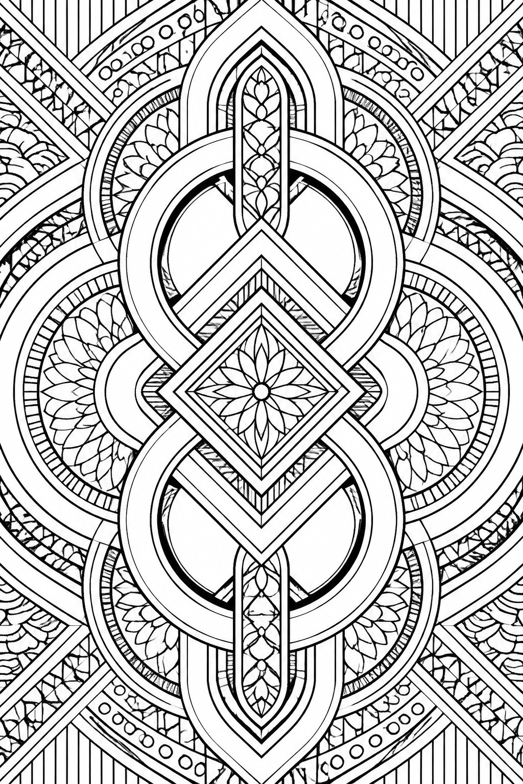 Intricate black and white mandala with interlocking circles, diamonds and floral motifs