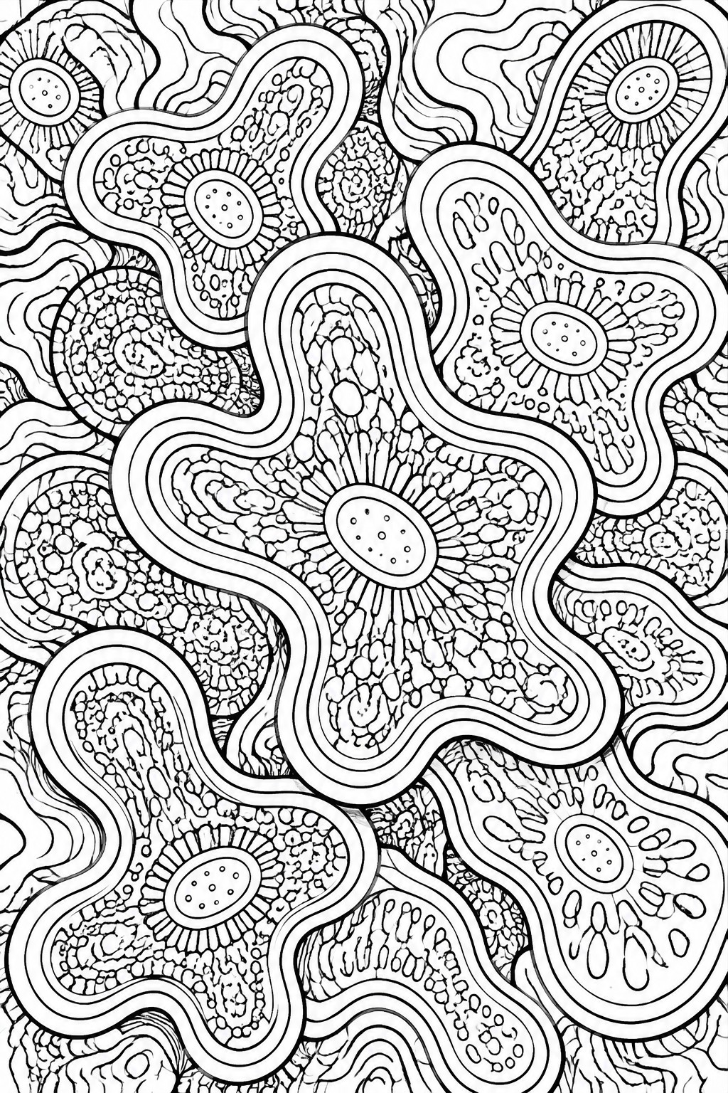 Intricate black-and-white abstract pattern with circles, waves, and organic shapes.