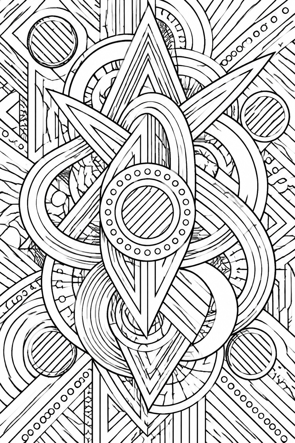 Intricate black and white geometric mandala with overlapping circles, stars, and knots.