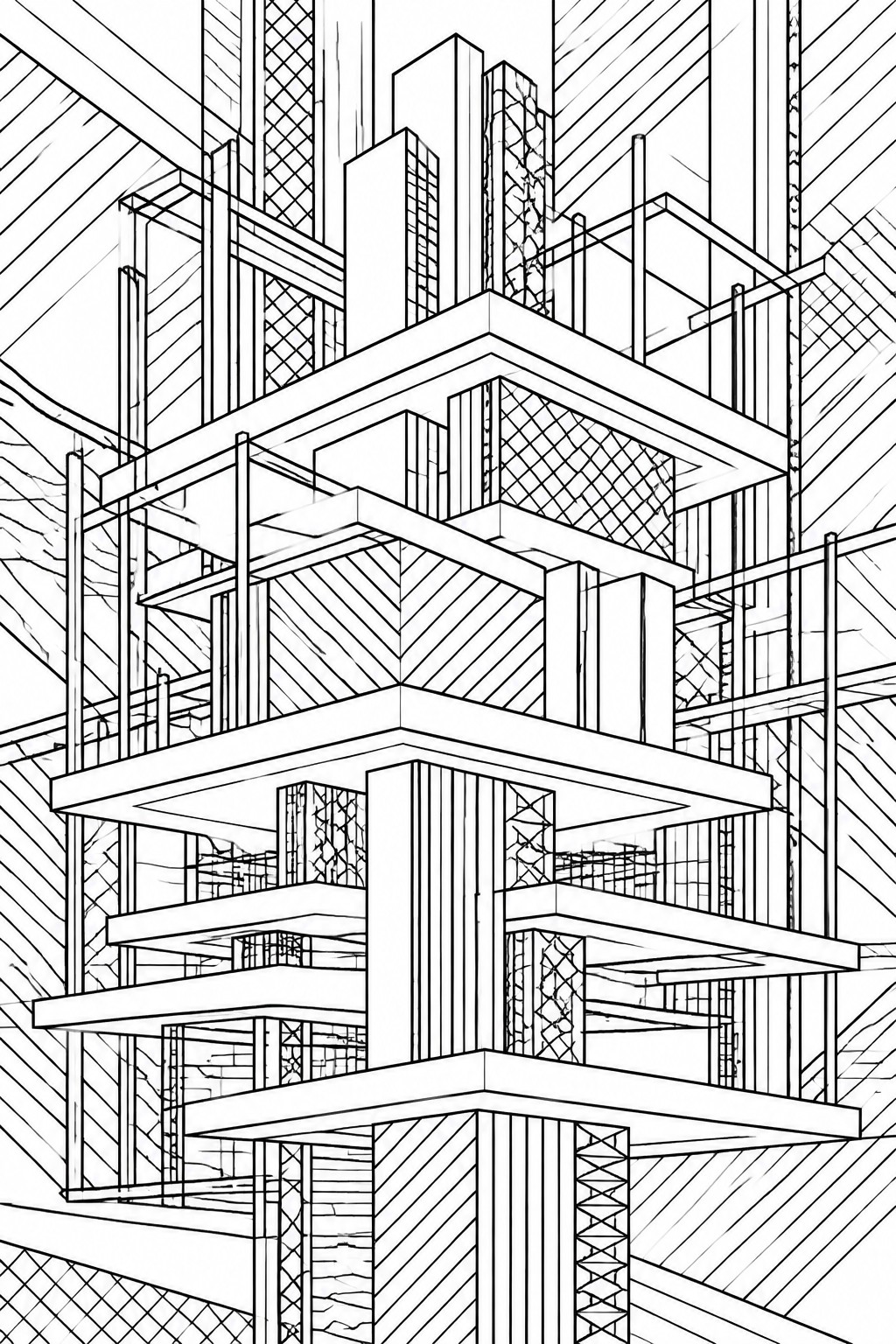 Detailed black-and-white line drawing of a modern multi-level building with geometric patterns