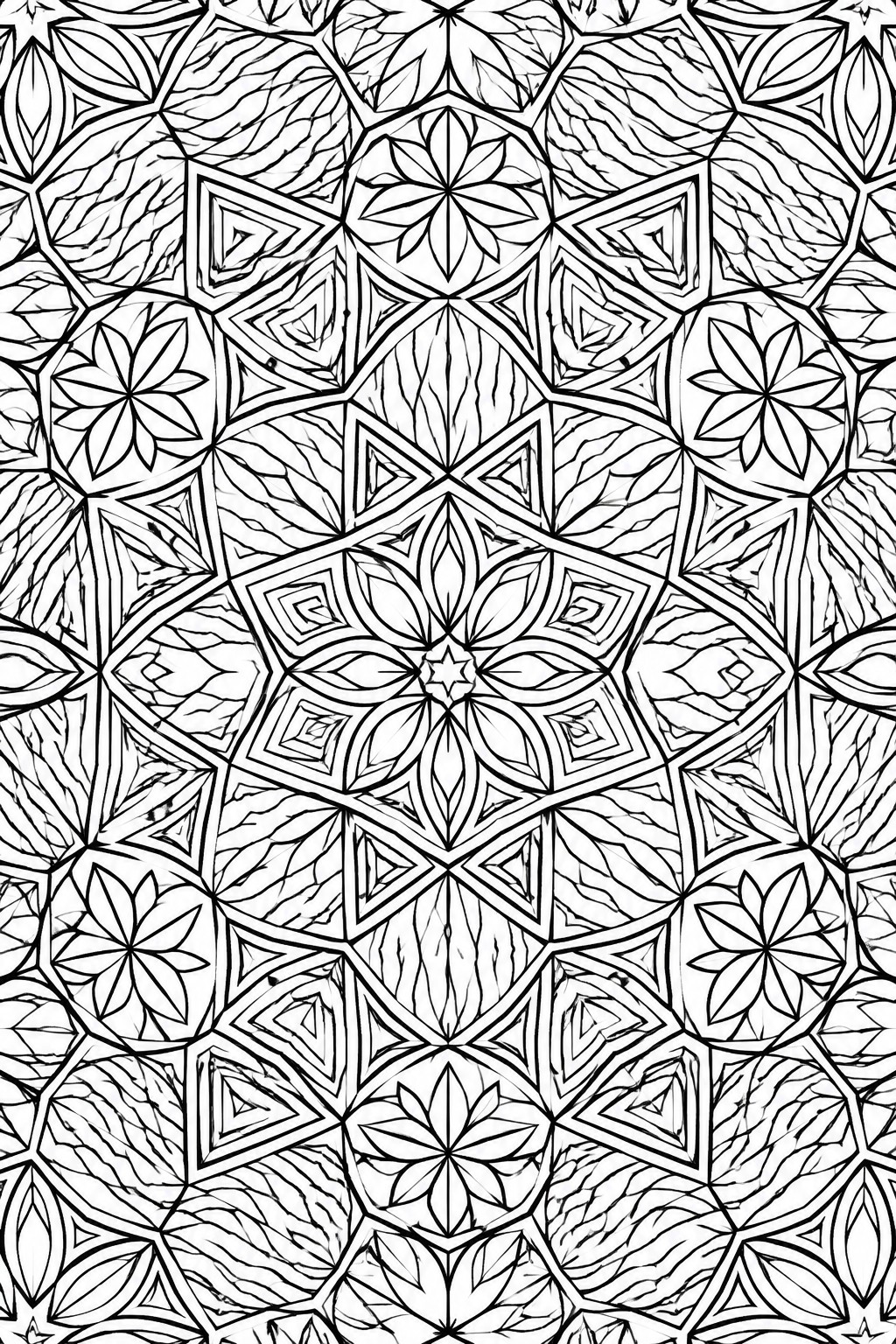 A black and white coloring page of a highly detailed symmetrical mandala made from overlapping geometric shapes, stars, and patterned sections.