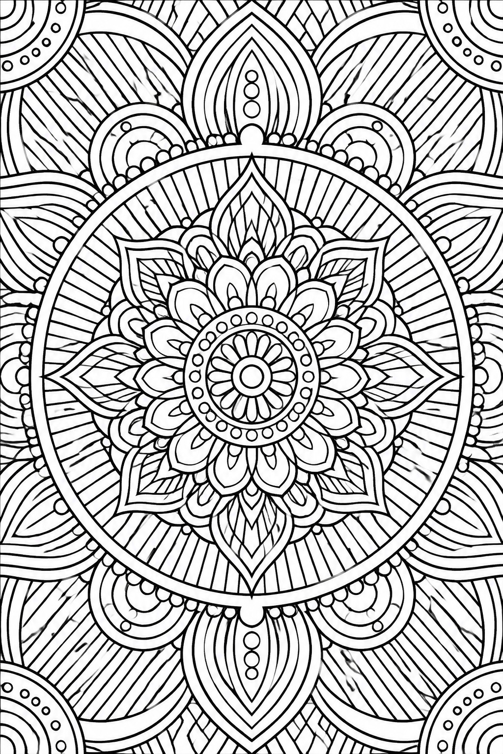 Intricate black and white mandala with layered floral petals and geometric patterns.