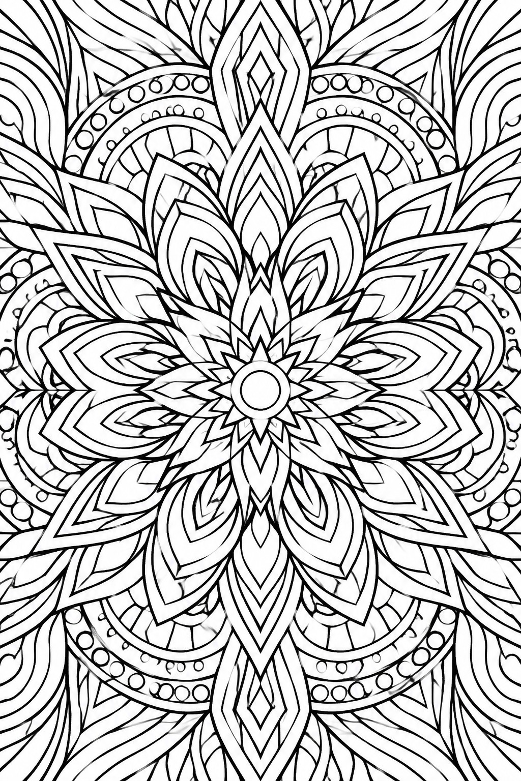 Intricate black and white mandala with floral petals, dots, and geometric symmetry.