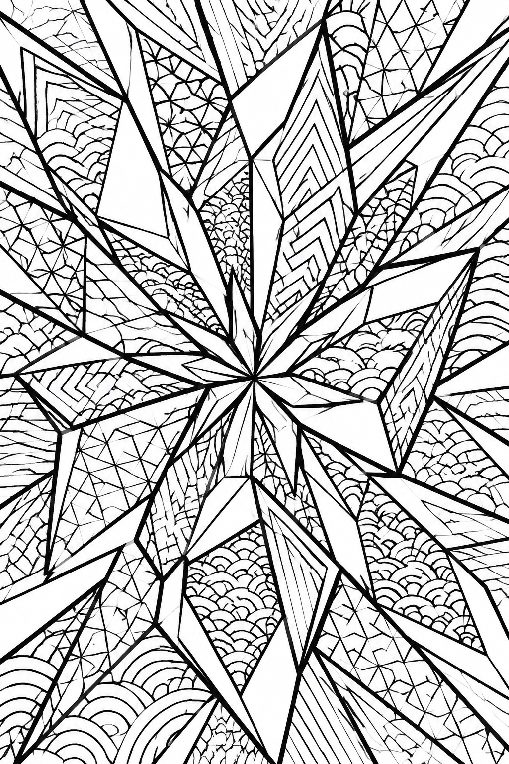 Intricate black and white radial mandala with star rays and textured geometric patterns.