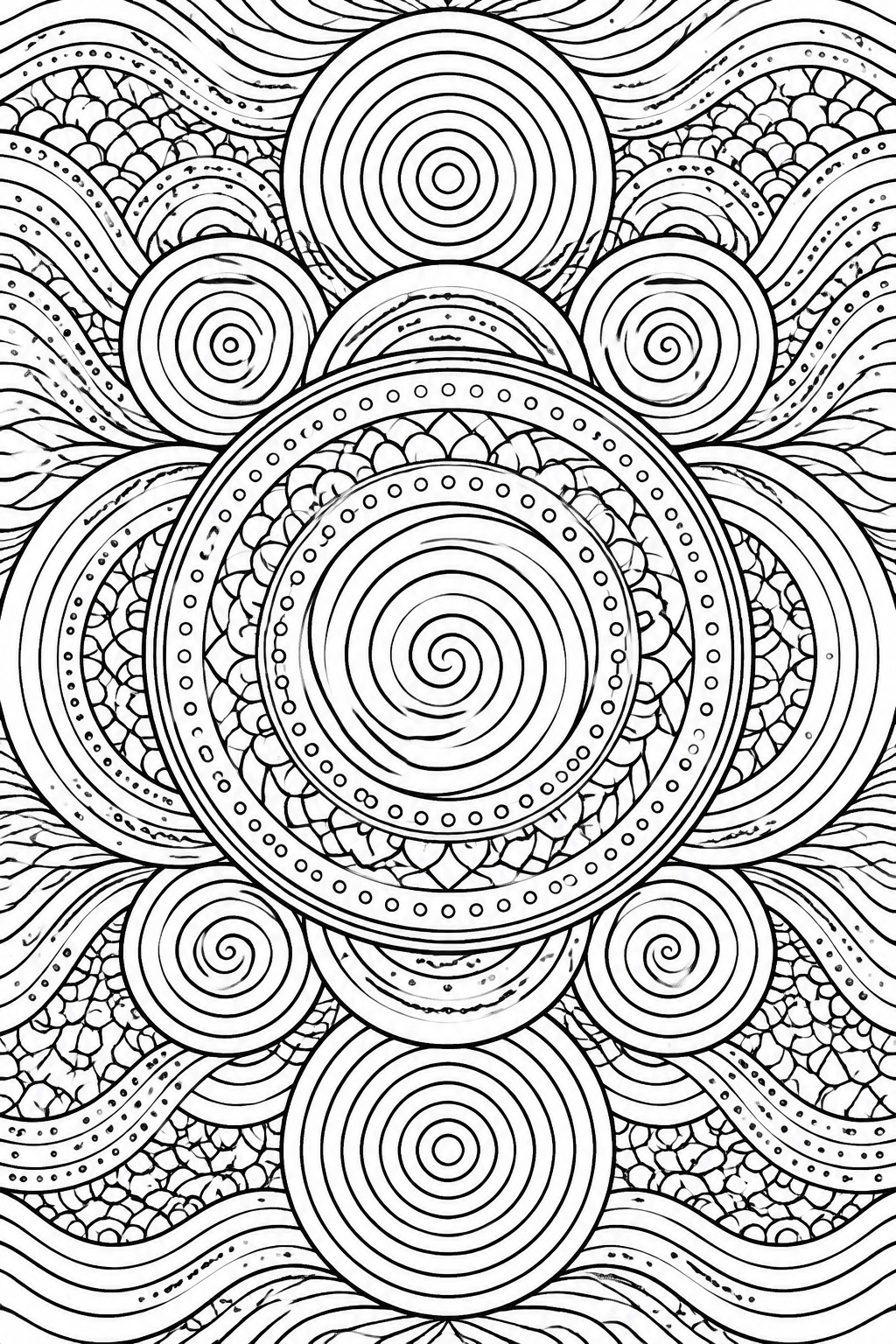 Intricate black and white mandala with spirals, concentric circles, and wavy patterns.