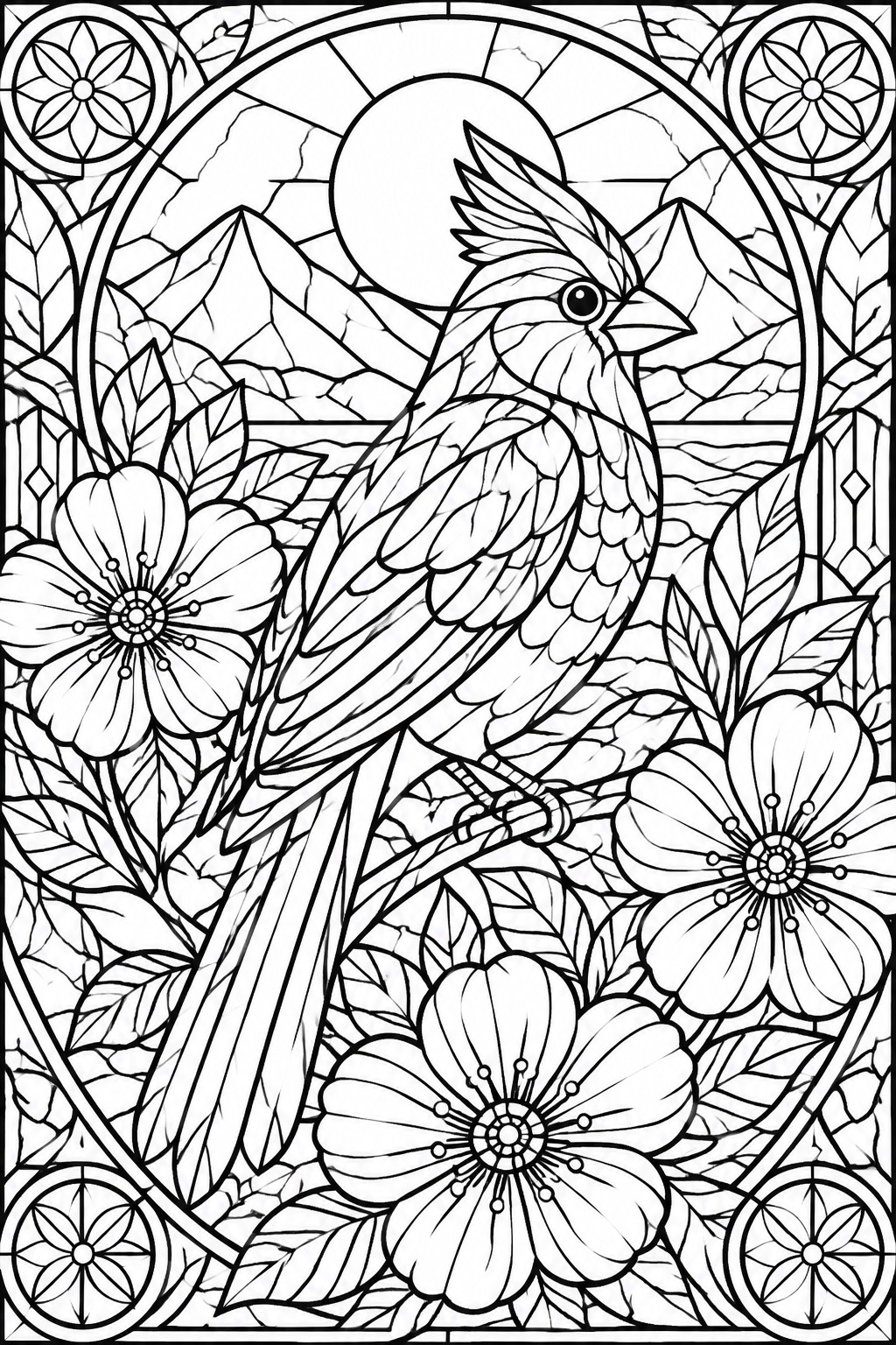 Stained glass style line art of crested bird amid flowers and mountains