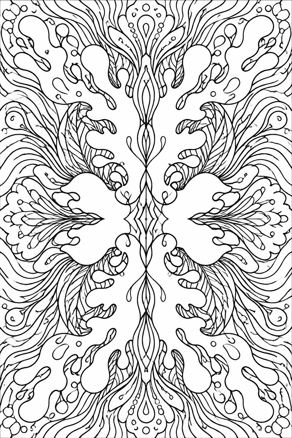 Symmetrical black and white line art with swirling organic shapes and leaf motifs.