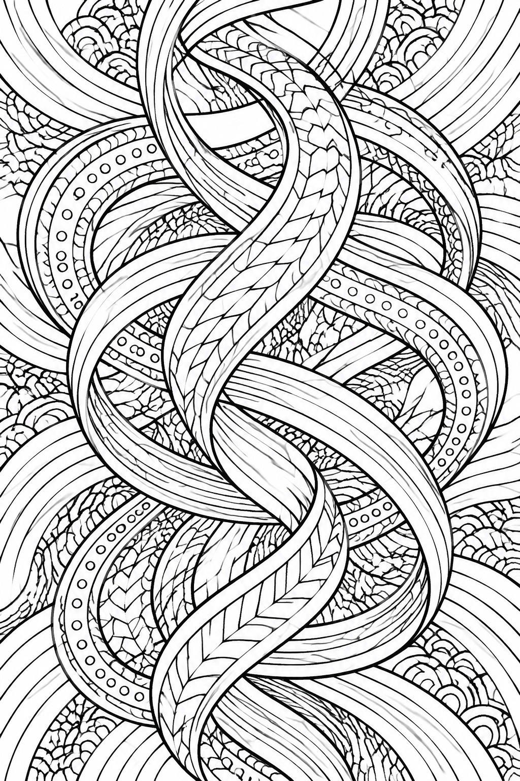 Intricate black-and-white line art of swirling textured interwoven braids and ribbons