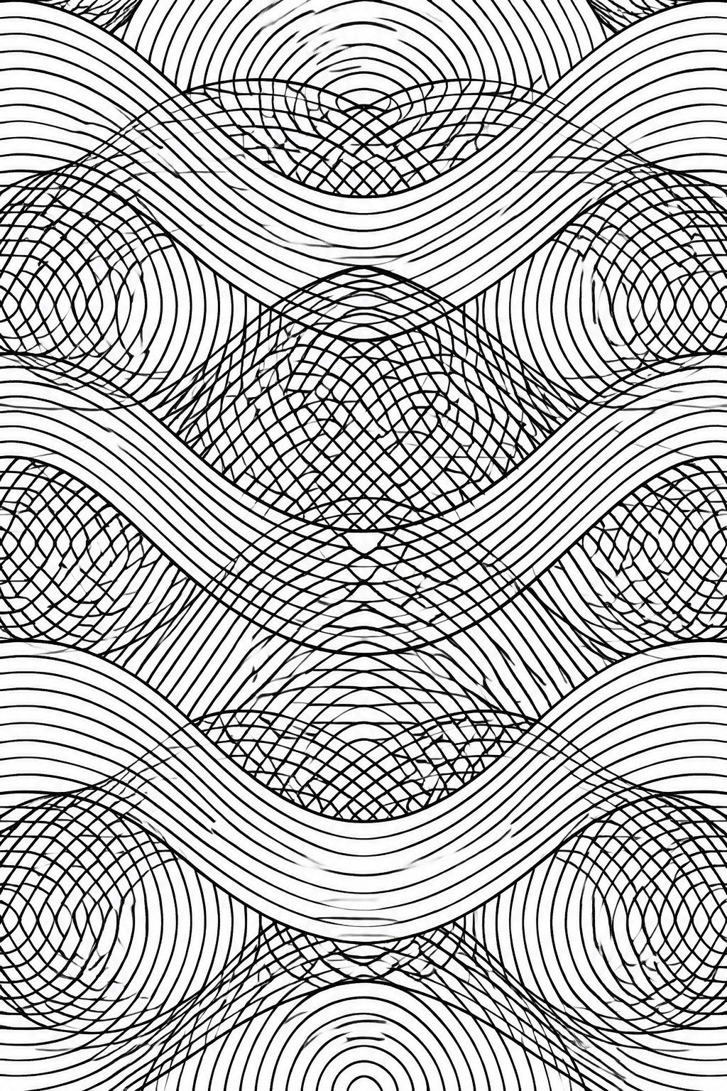 Black and white abstract pattern of undulating wavy lines with cross-hatching.
