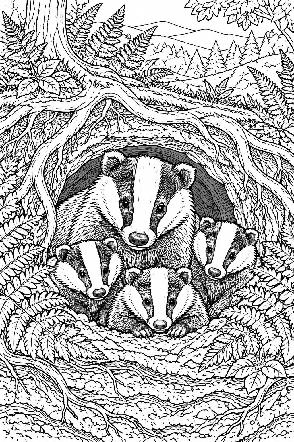 A black and white line drawing of five badgers nestled in a burrow under tree roots with ferns and trees in the background.