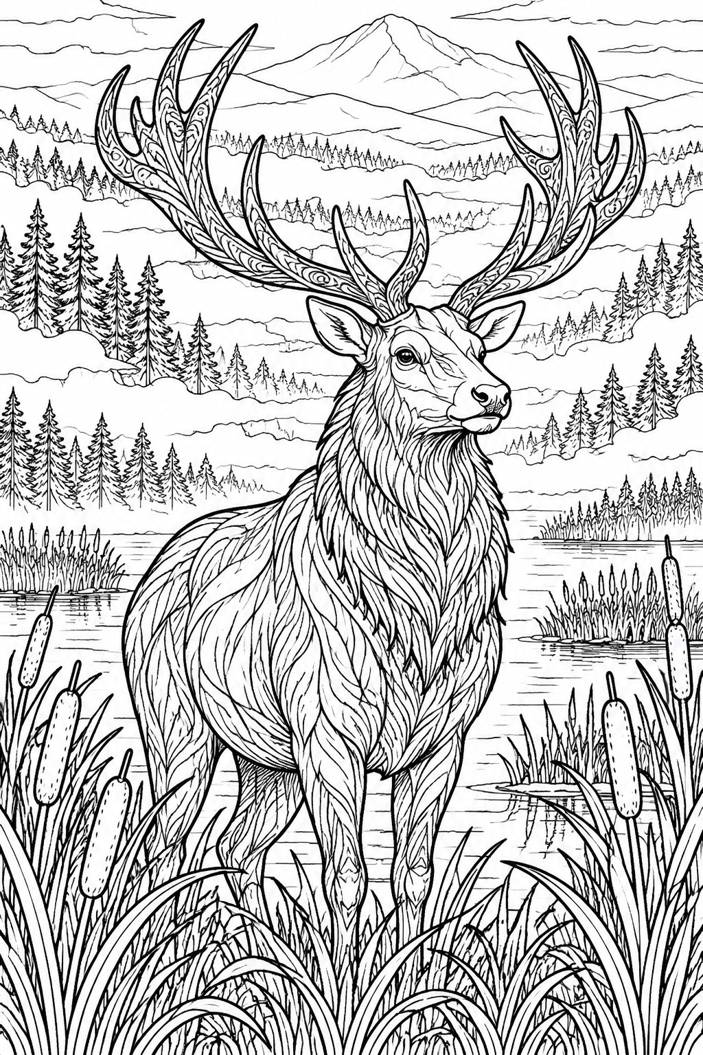 Majestic stag with ornate antlers stands among reeds by a mountain lake